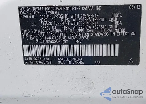 2012 Toyota Rav4 Limited V6 from USA, damaged, VIN 2T3DK4DV8CW079782